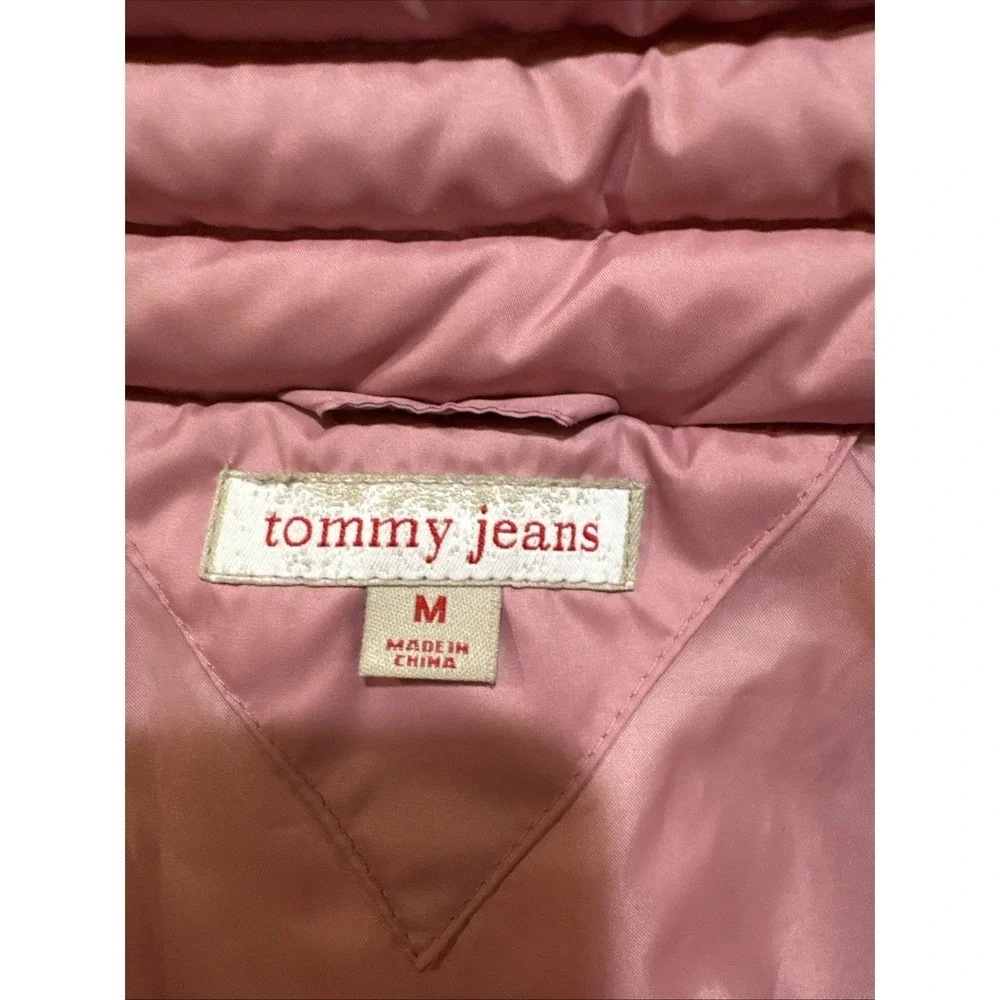Tommy Jeans Y2K Puffer Jacket‎ Women Sz M Pink White Stripe Removable Sleeve Vtg